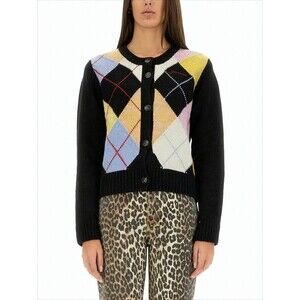 GANNI Button-Up Cardigan With Pastel Argyle Pattern And Ribbed Cuffs
